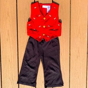 BOYS 2 PIECE SET VELVETEEN ROCKING HORSE VEST AND FLEECE PANTS SIZE 18M